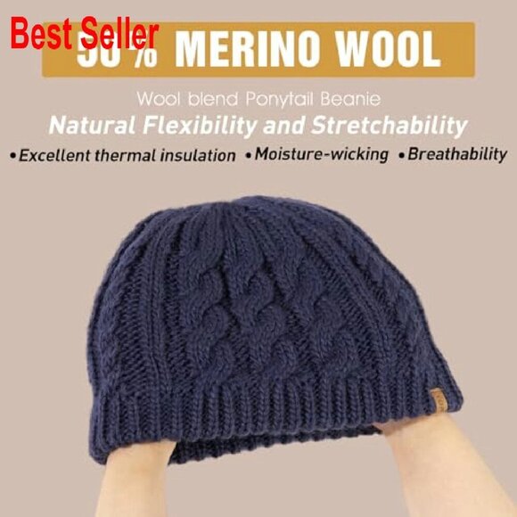 Merino Wool Blend Fleece Lined Beanie Ponytail Hole Cable Knit Oversized main image 6